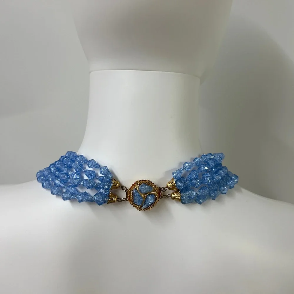 Vintage Multi Strand Beaded Bib Necklace Blue Mermaidcore Coastal Grandma Glam